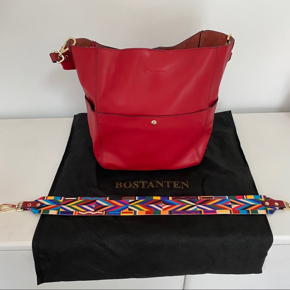 BOSTANTEN Red Leather Shoulder Bucket Bag